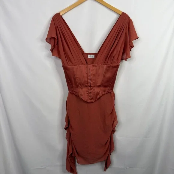 Oh Polly Cerise Draped Corset Zipper Terra-cotta V-Neck Mini Dress Size 6 - Picture 9 of 9